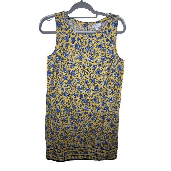 J Jill Love Linen PetiteSm Yellow n Blue floral Print W Pockets Shift Tank Dress - Picture 1 of 14